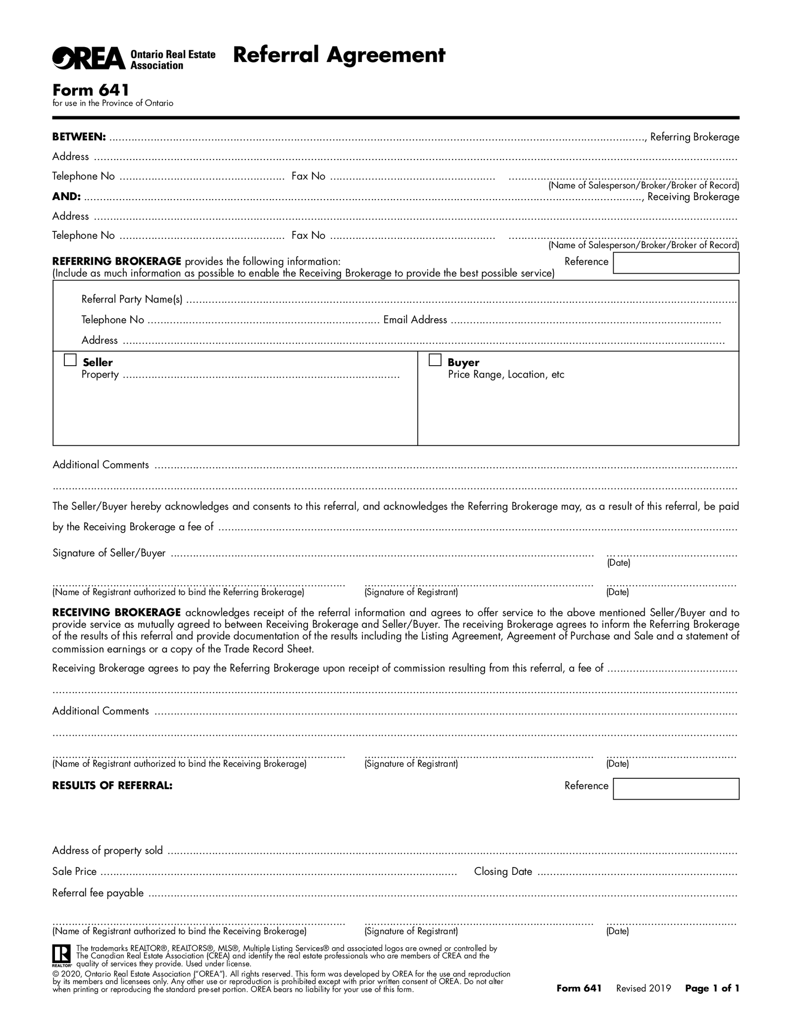 OREA Form 641, Referral Agreement - Thumbnail