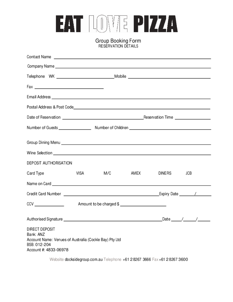 Restaurant Group Booking Reservation Form