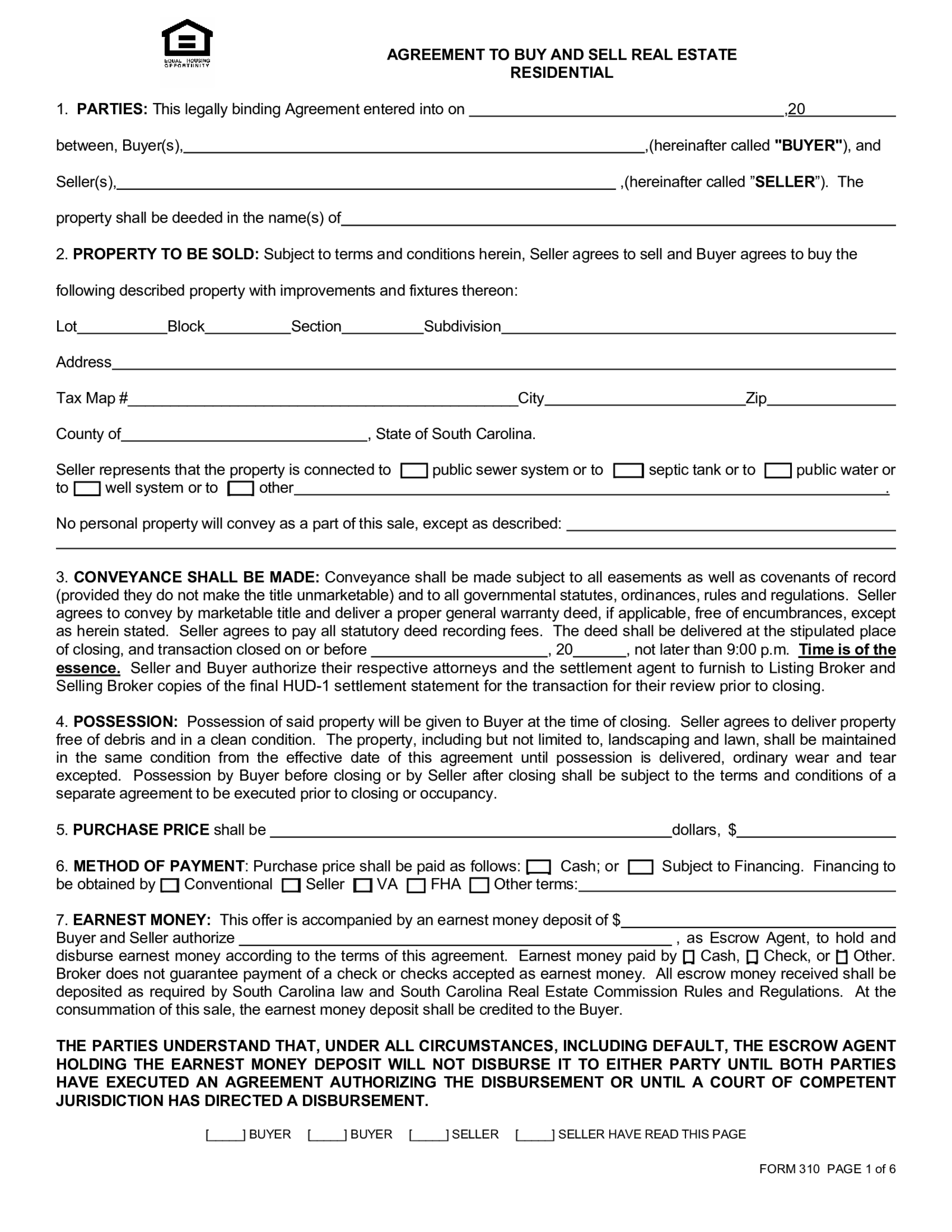 Form 310, Agreement To Buy and Sell Real Estate - Thumbnail