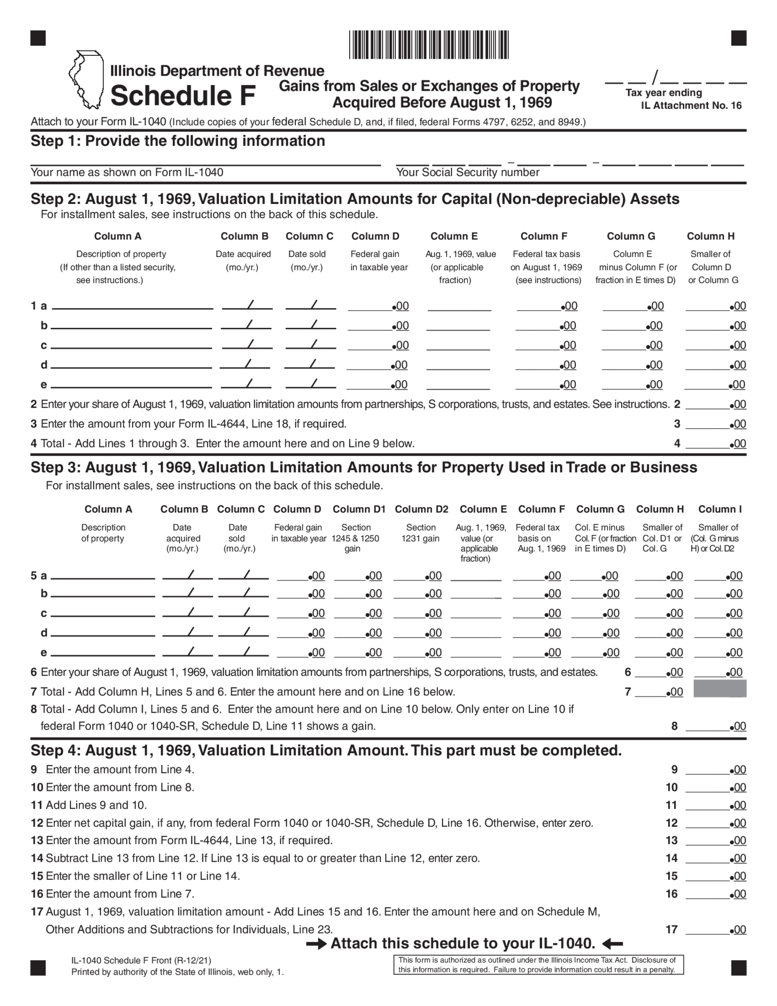 Illinois Tax Form 1040 Schedule F - Thumbnail