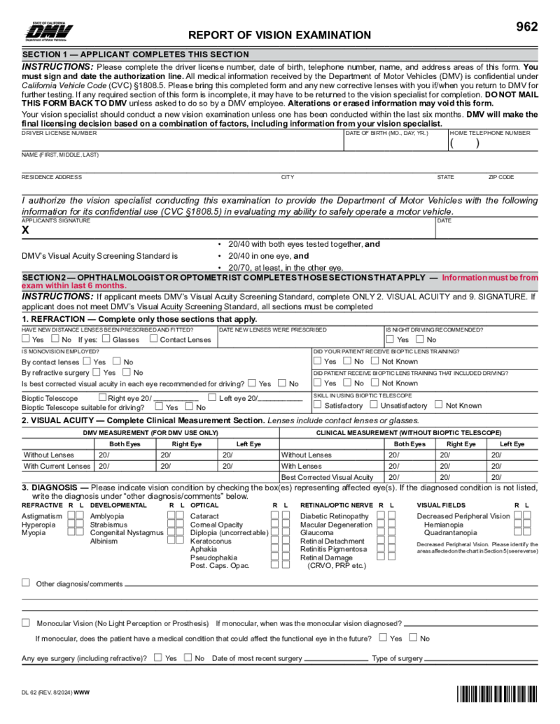Report of Vision Examination (DL 62)