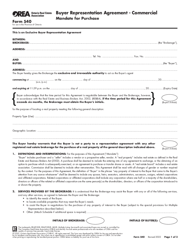 OREA Form 540, Buyer Representation Agreement,  Commercial