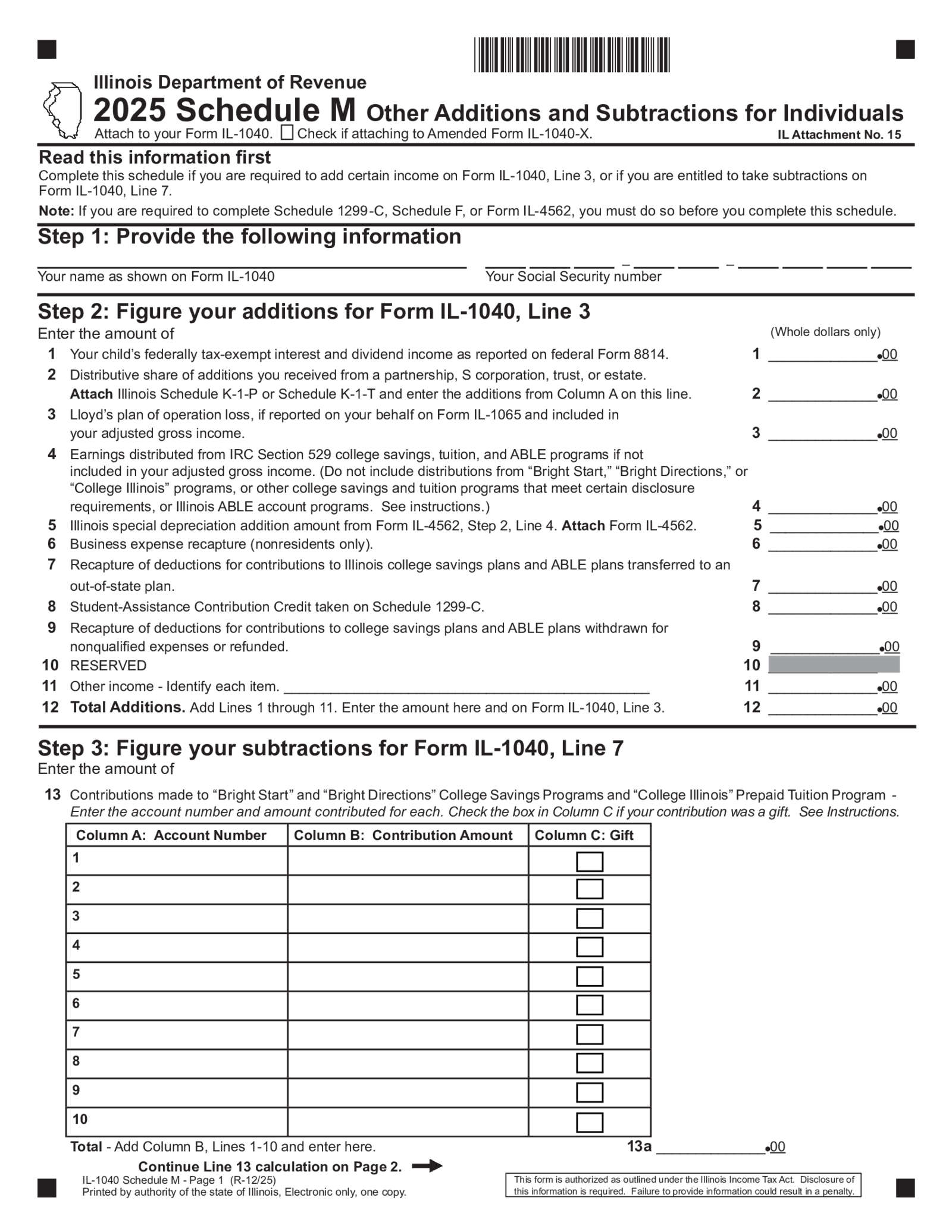 Illinois Tax Form 1040 Schedule M - Thumbnail