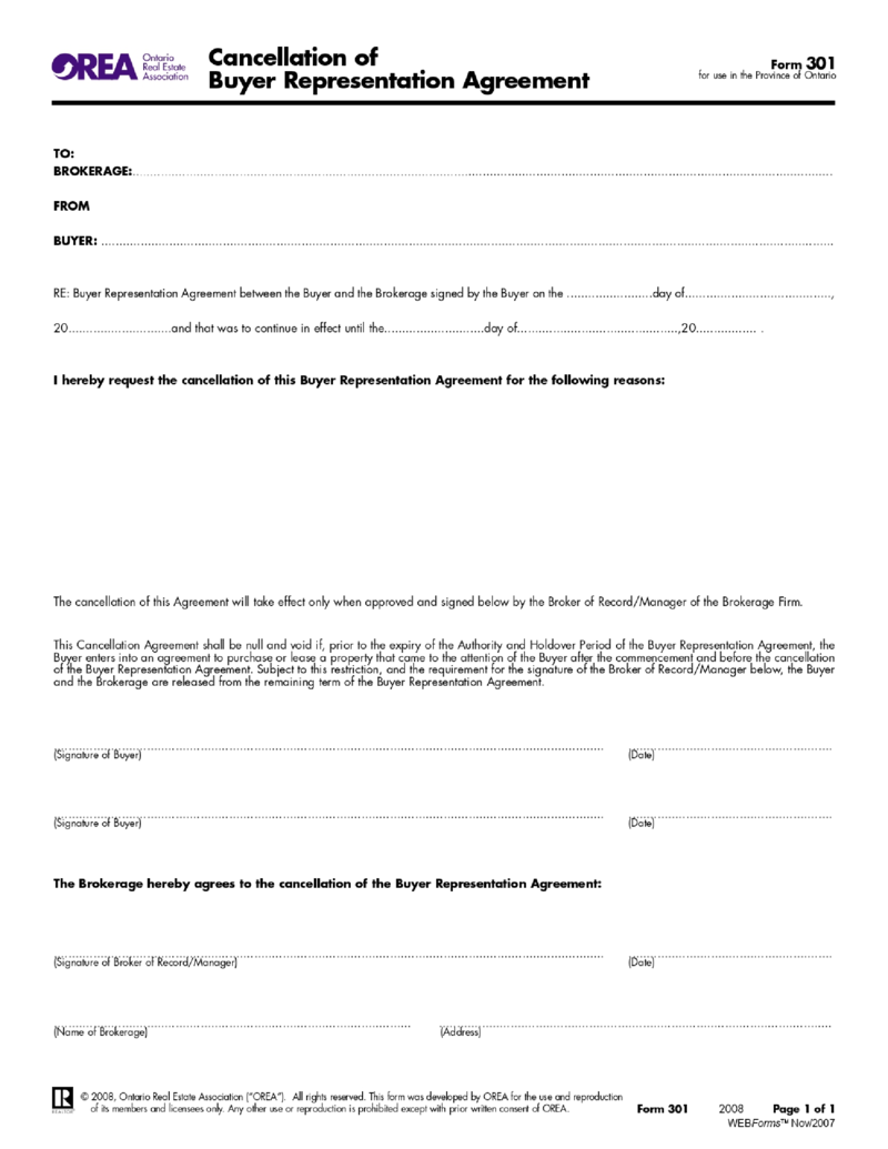 OREA Form 301, Cancellation of Buyer Representation Agreement