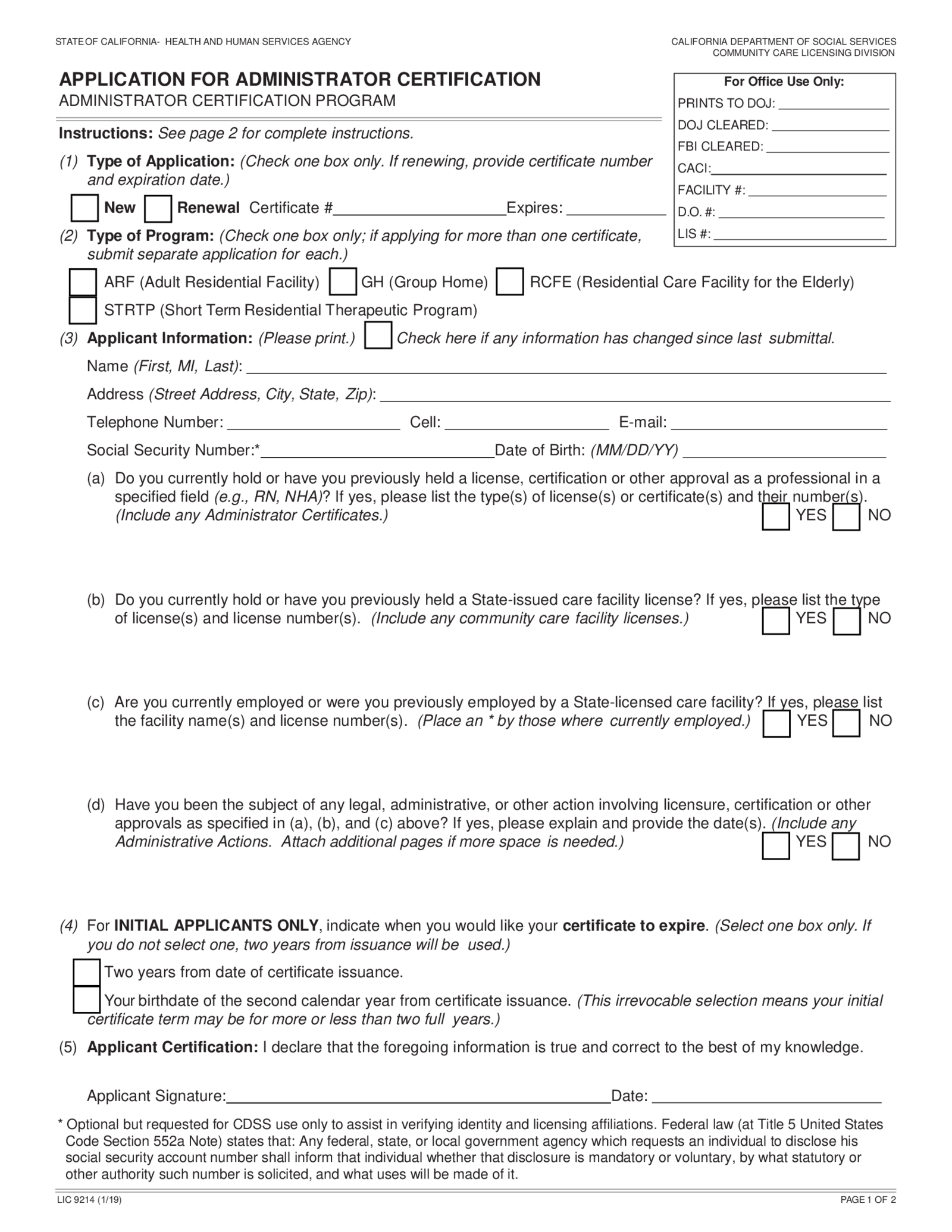 LIC 9214 - Application for Administrator Certification - Thumbnail