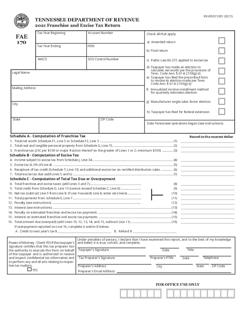 Tennessee Form FAE 170 (2021)