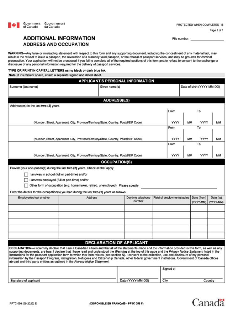 PPTC 056 E - Additional Information - Address and Occupation