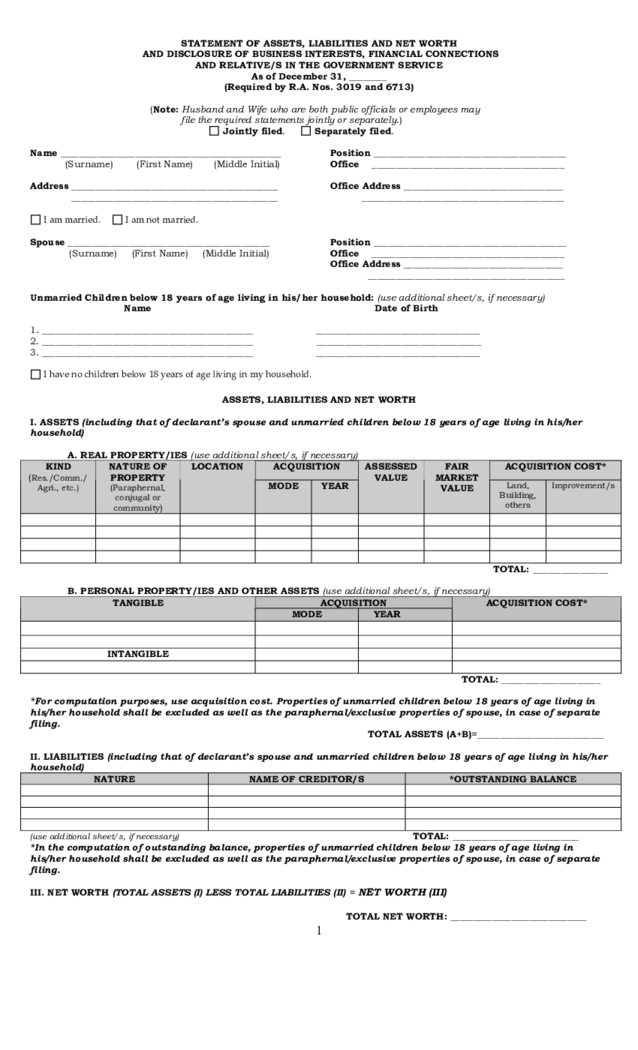 Statement of Assets, Liabilities, and Net Worth Form