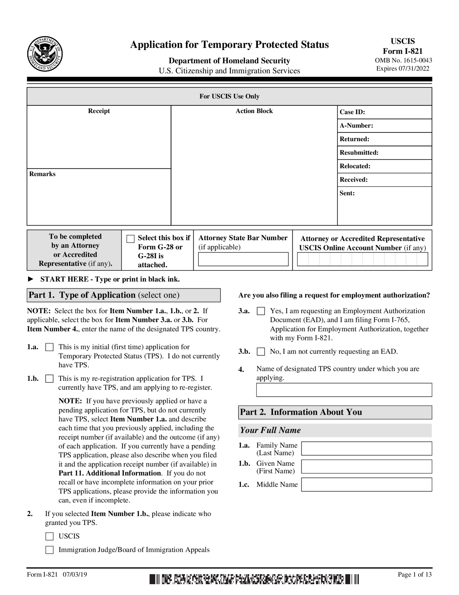 Form I-821, Application for Temporary Protected Status - Thumbnail