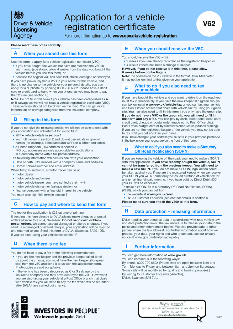 Apply for a vehicle registration certificate (form V62)