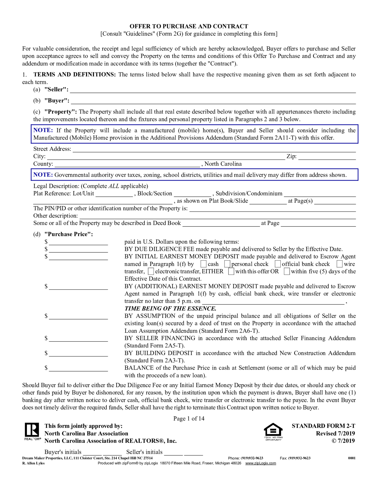 NCAR SF 2-T, Offer to Purchase and Contract - Thumbnail