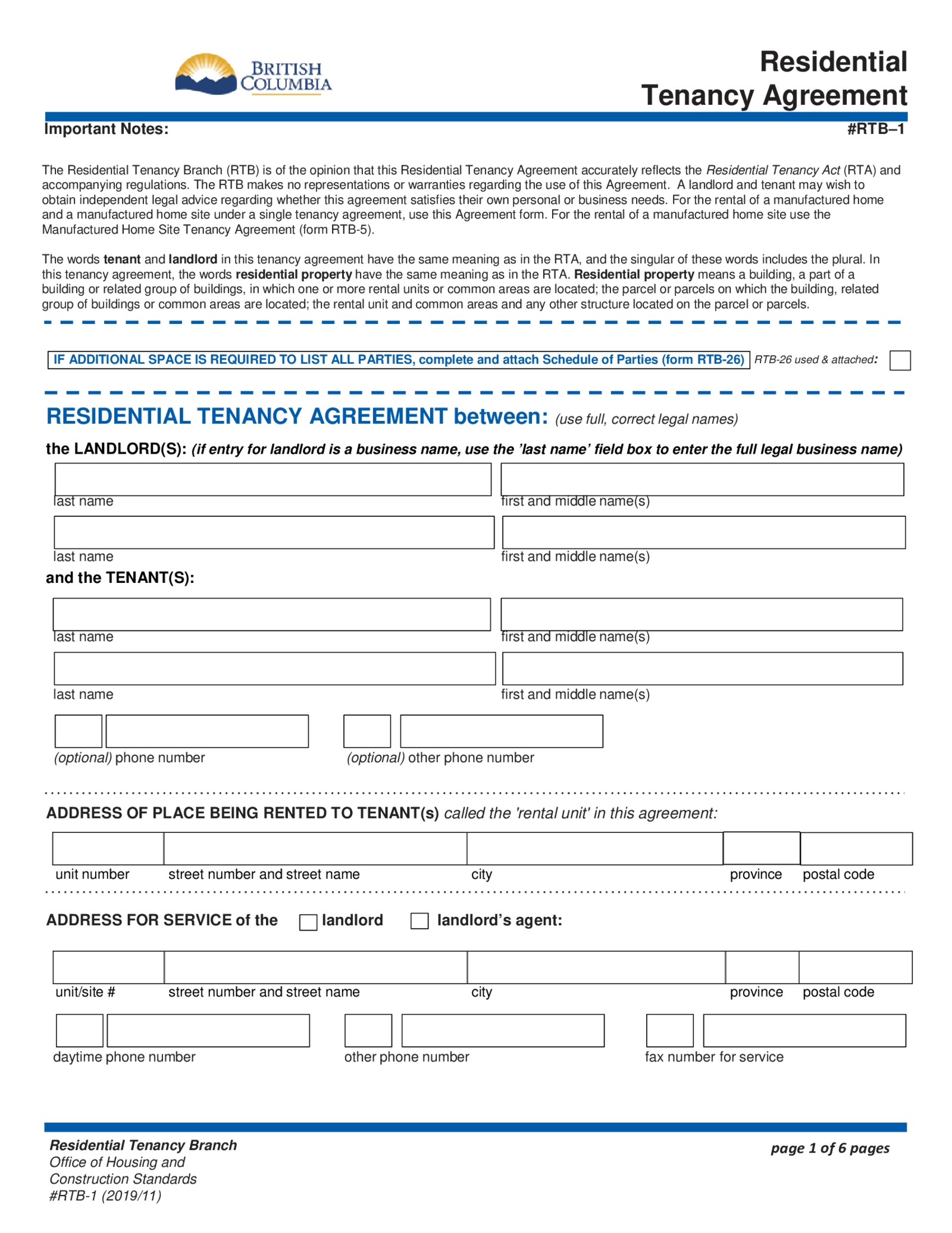 CA RTB-1, Residential Tenancy Agreement - Thumbnail