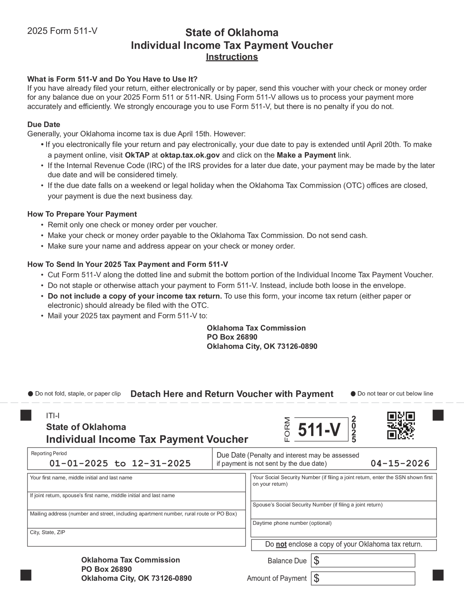 Oklahoma Form 511-V Individual Income Tax Payment Voucher - Thumbnail