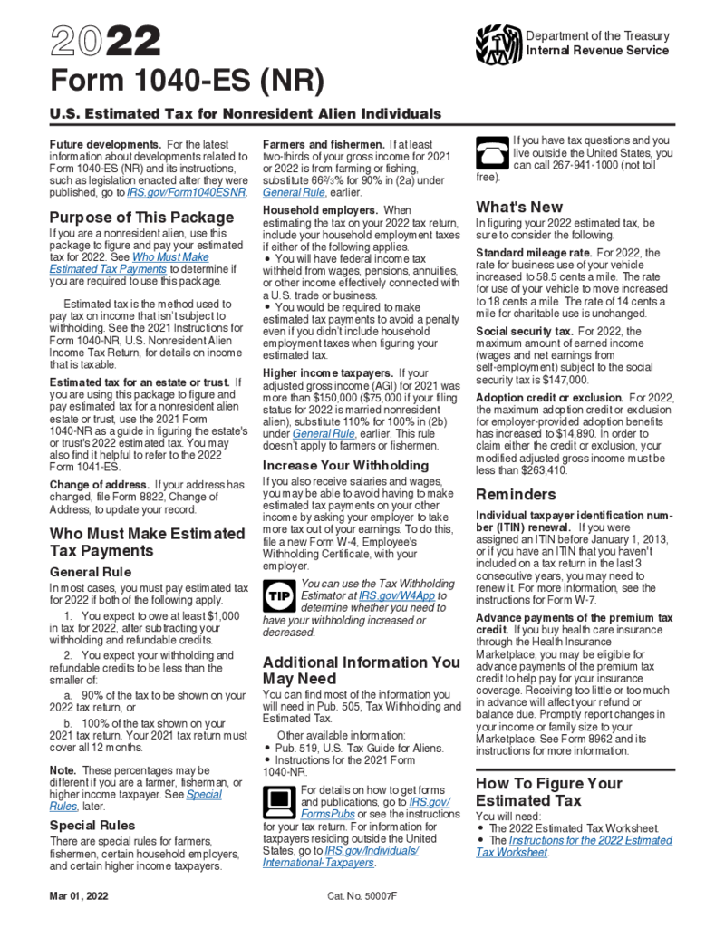 Form 1040-ES (NR) (2022)