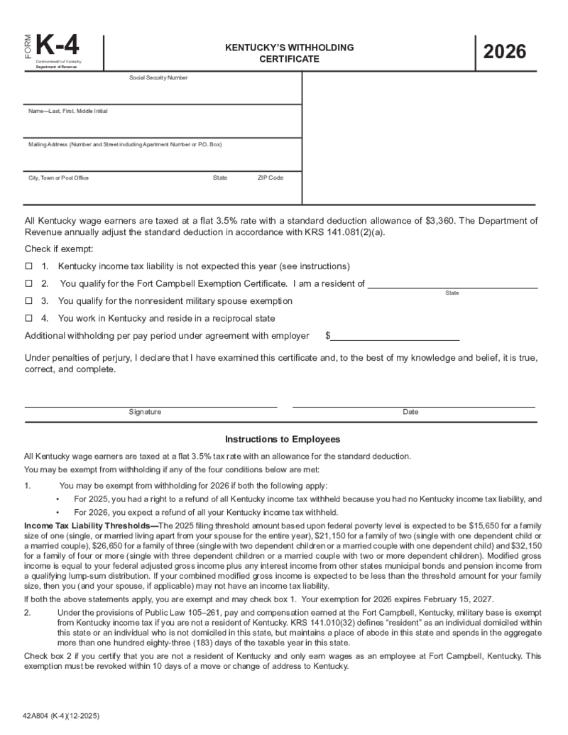 Kentucky Withholding Certificate - Form K-4