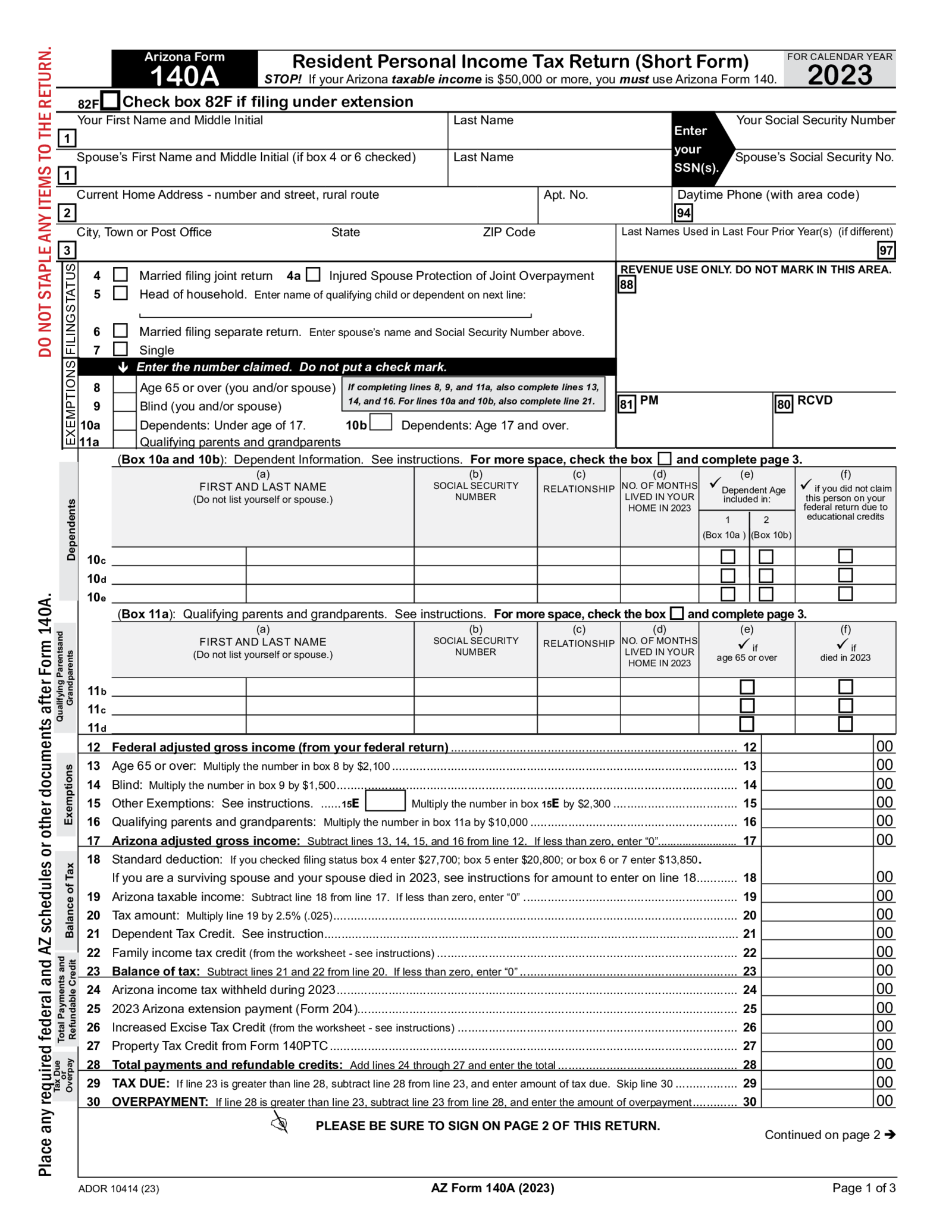 Fillable Arizona Form 140A - Thumbnail