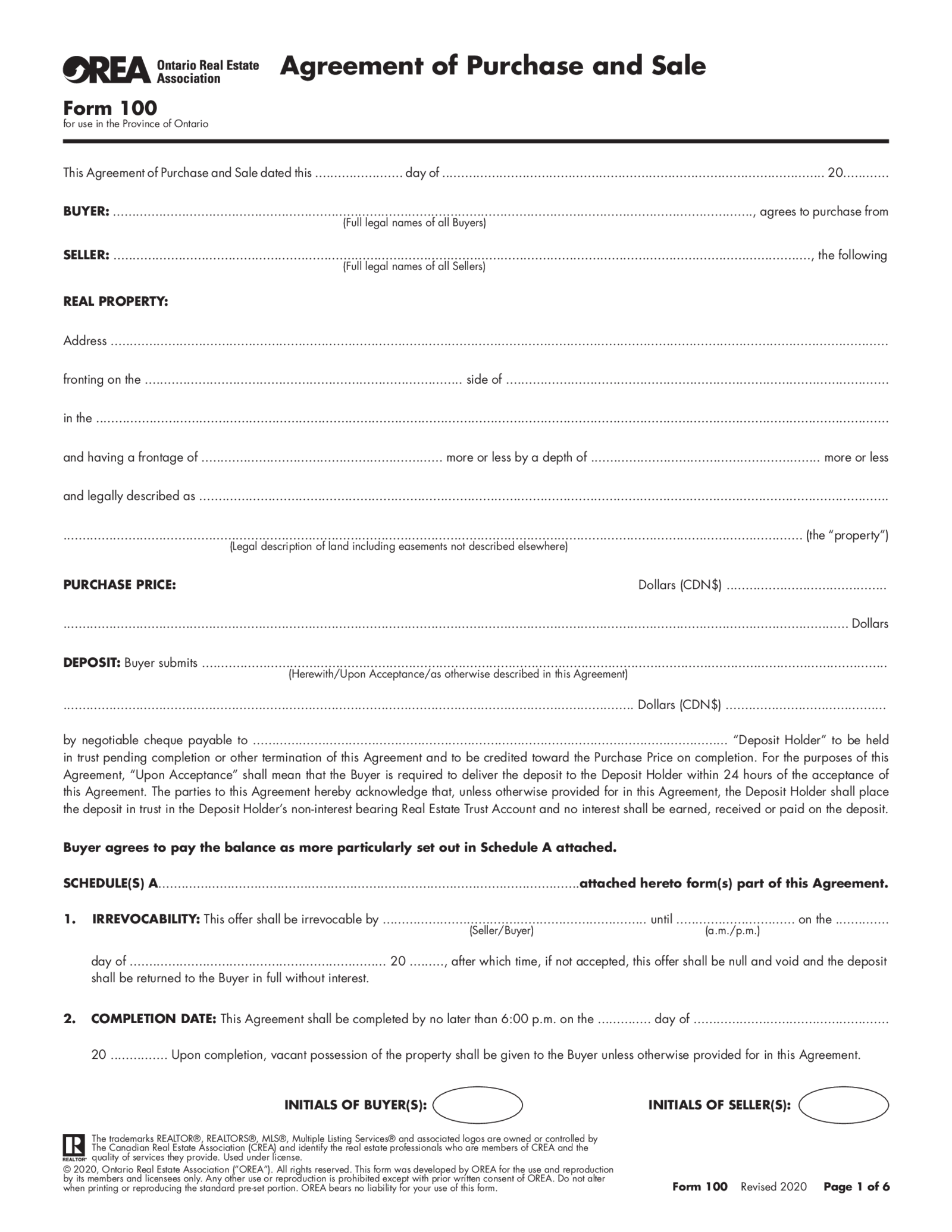 Fill Out & Sign OREA Form 100, Agreement of Purchase and Sale - Thumbnail