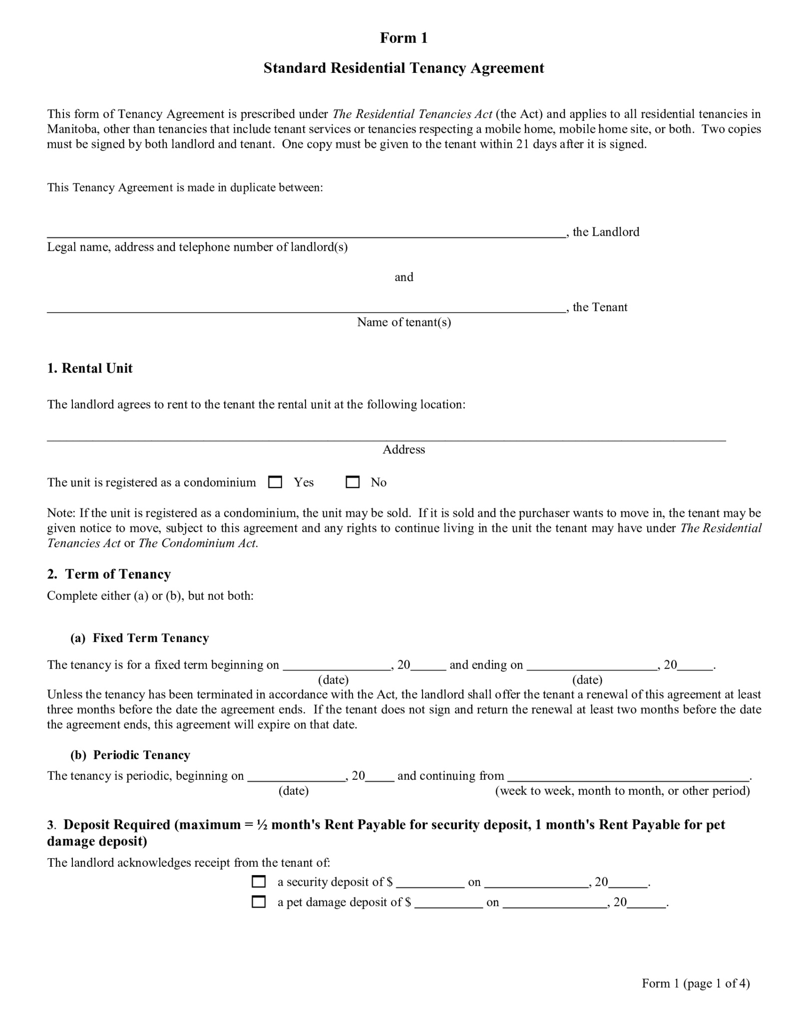 Form 1 - Manitoba Standard Residential Tenancy Agreement - Thumbnail