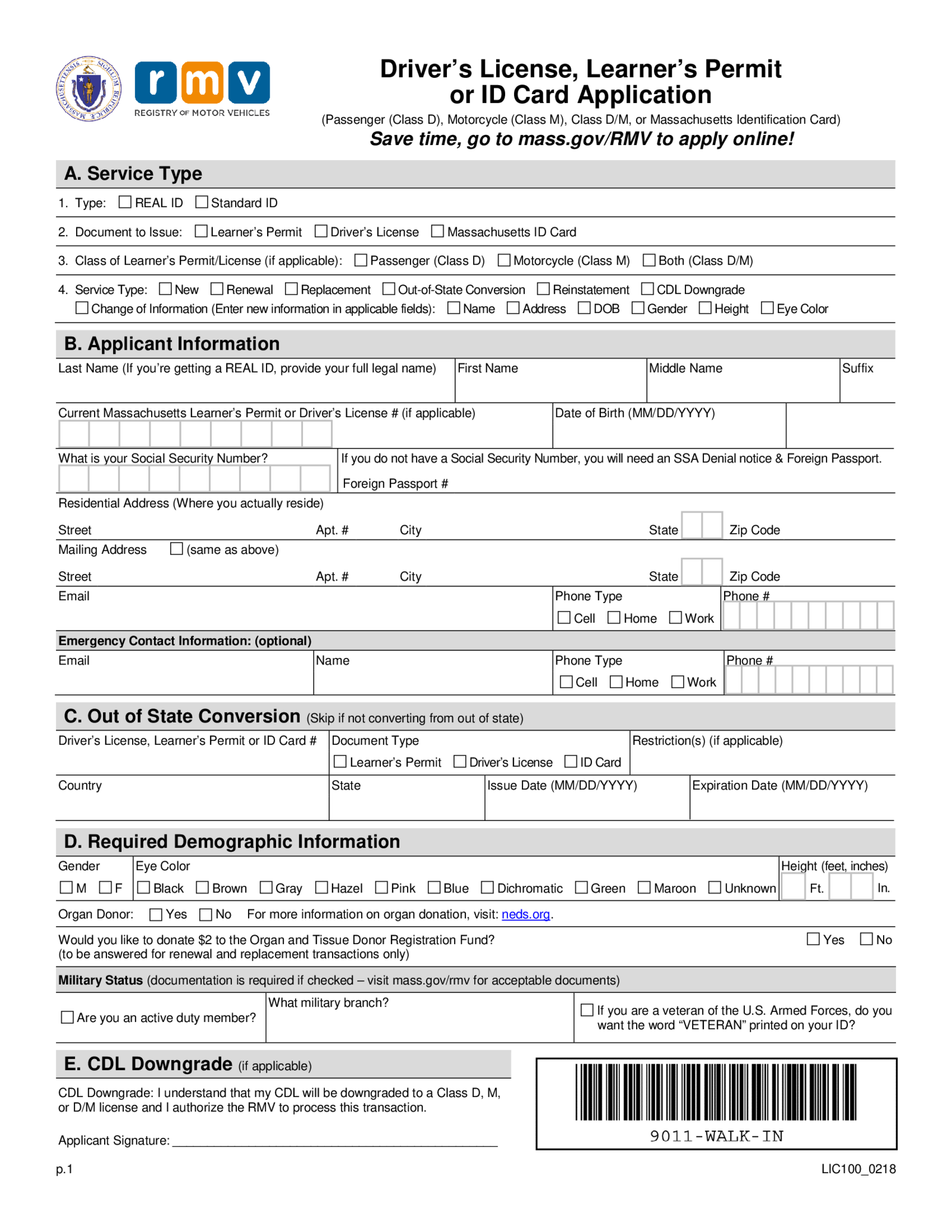 Massachusetts Real ID Application Form - Thumbnail