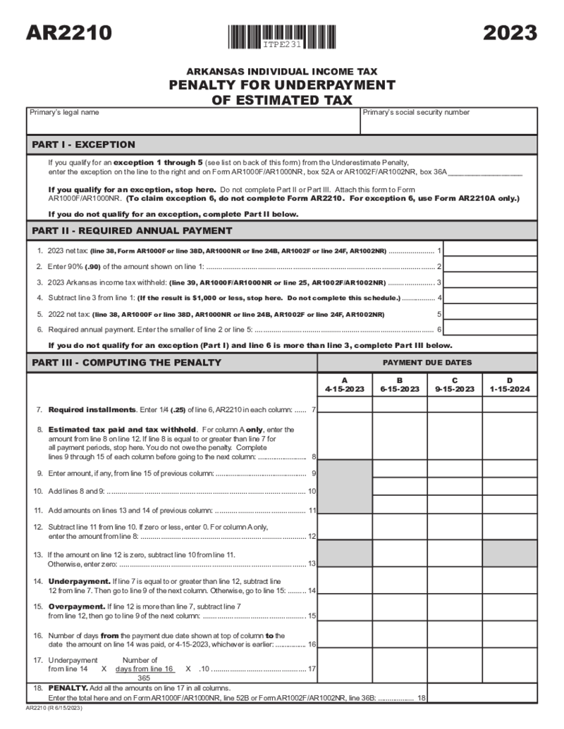 Arkansas Form AR2210 Penalty for Underpayment of Estimated Tax