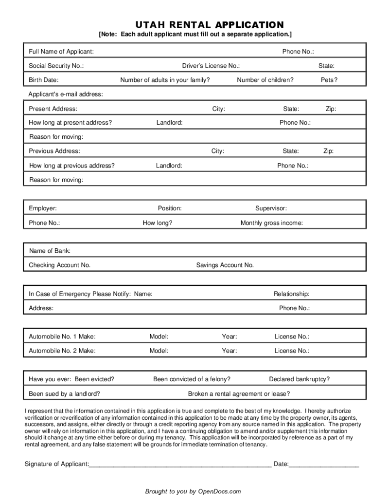 Utah Rental Application