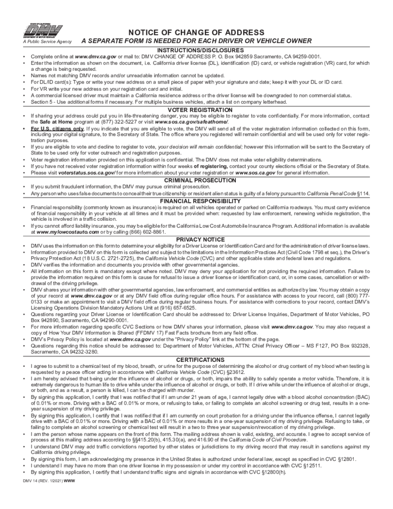 DMV 14 - Notice of Change of Address