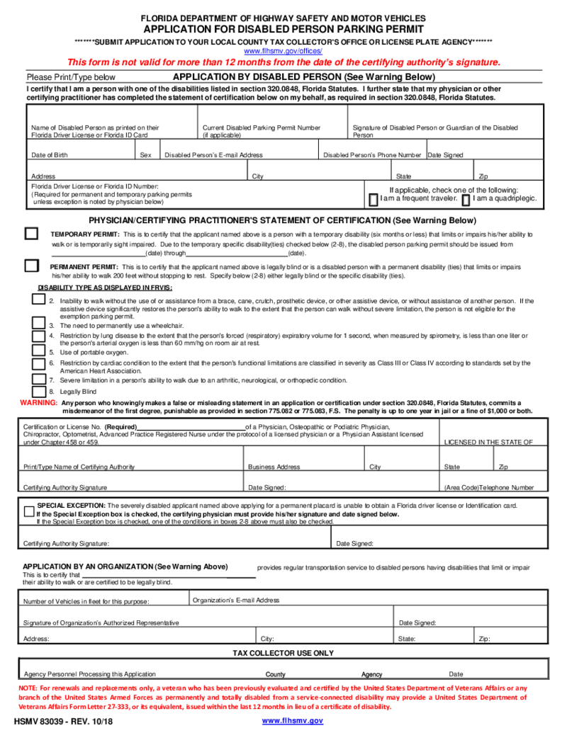 Form HSMV 83039, Application for Disabled Person Permit