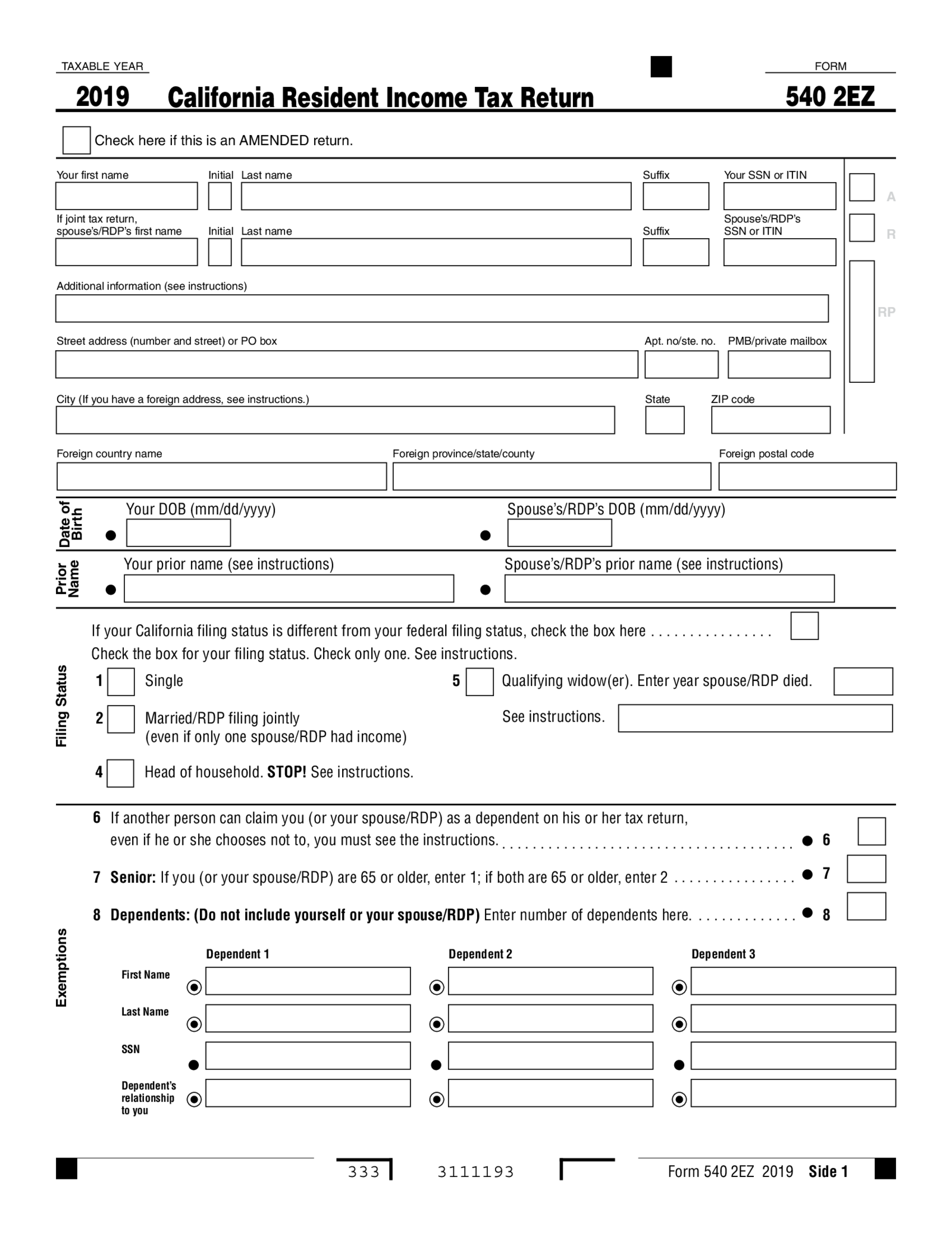 Fillable 2019 Form 540 2EZ California Resident Income Tax Return - Thumbnail