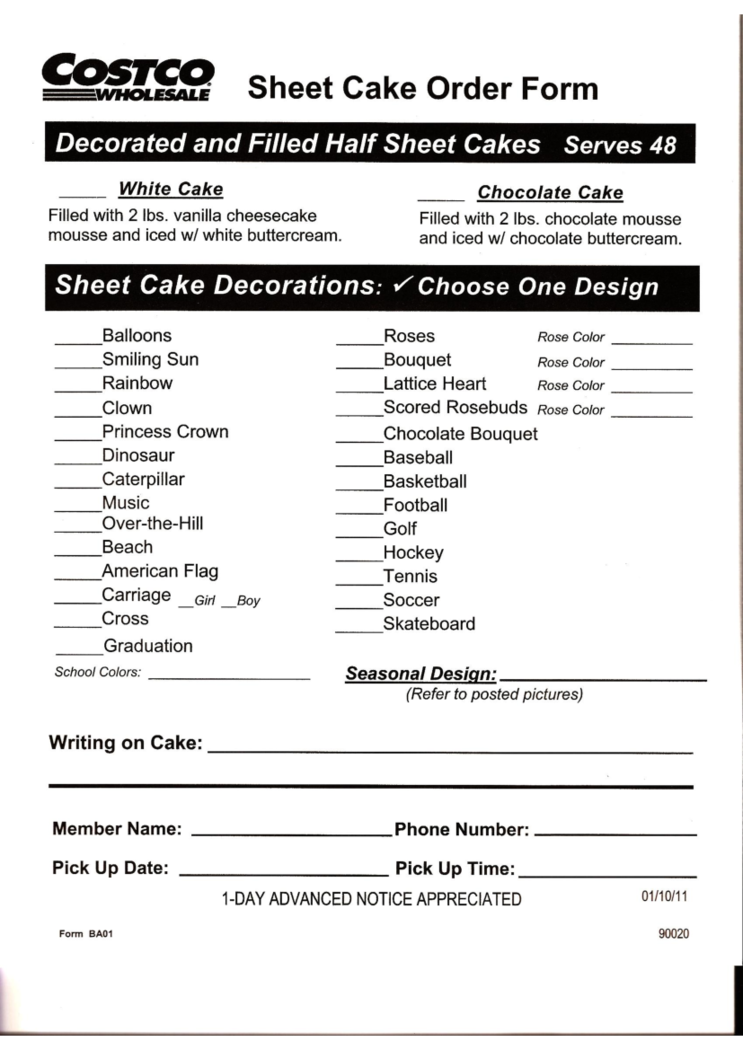 Costco Cake Order Form