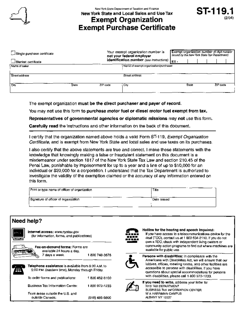 Form ST-119.1, Exempt Organization, Exempt Purchase Certificate