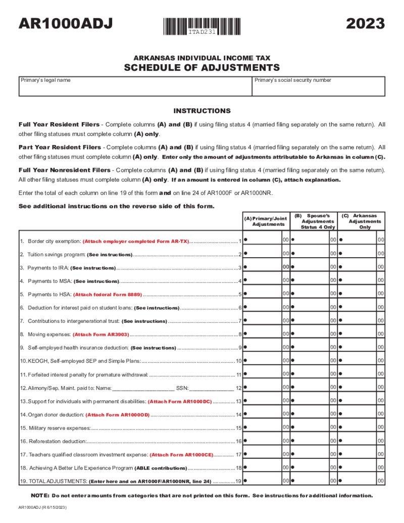 Arkansas Tax Form AR1000ADJ