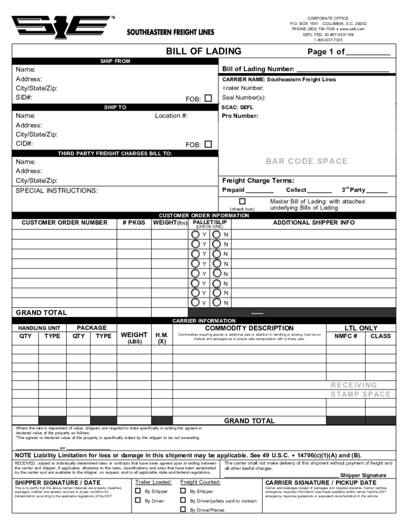 Southeastern Freight Bol Blank