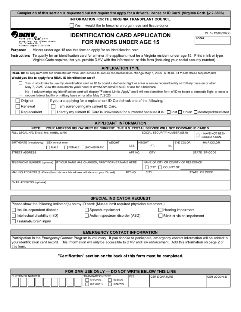 VA DMV ID Card Application for Minors - DL 5 Form