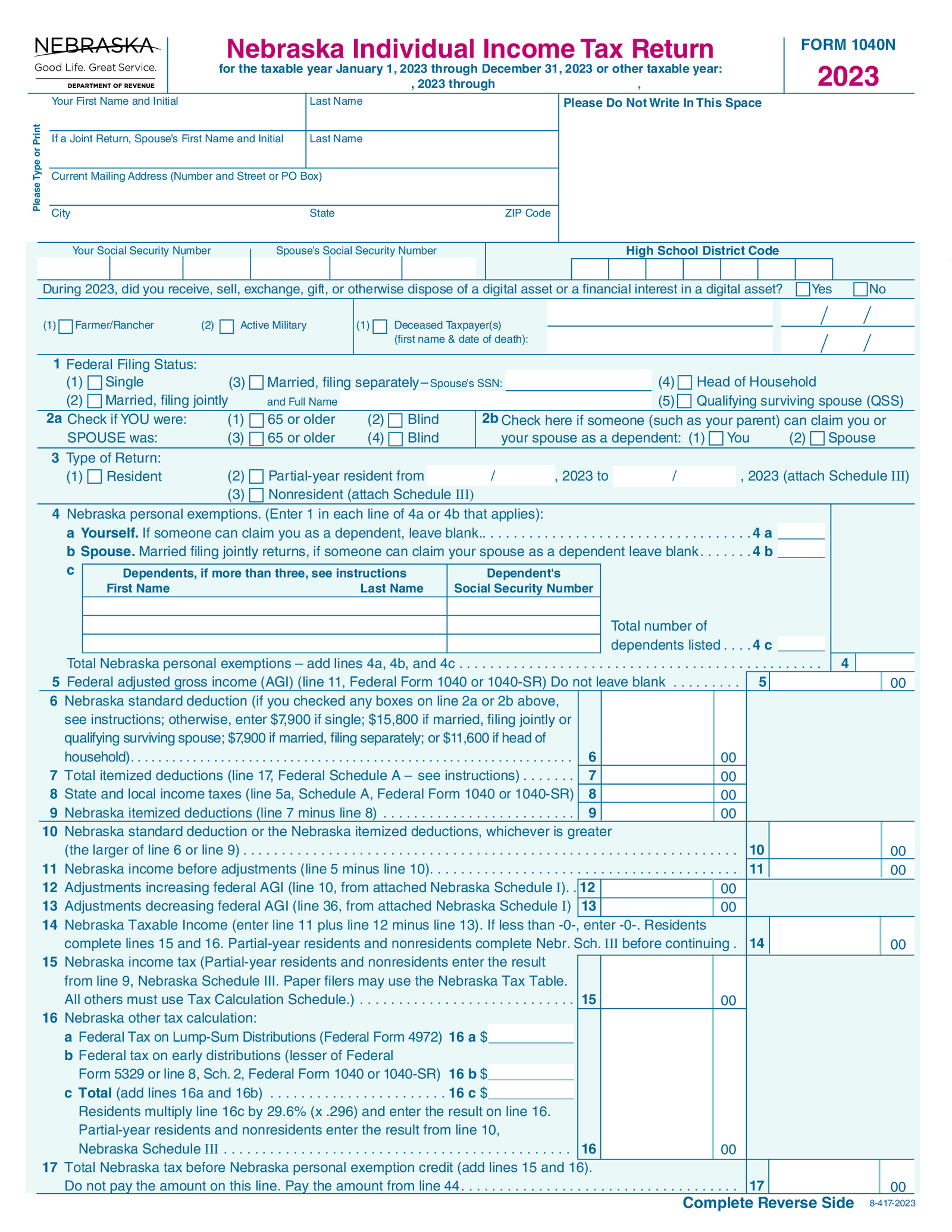 Nebraska Individual Income Tax Return - Form 1040N - Thumbnail