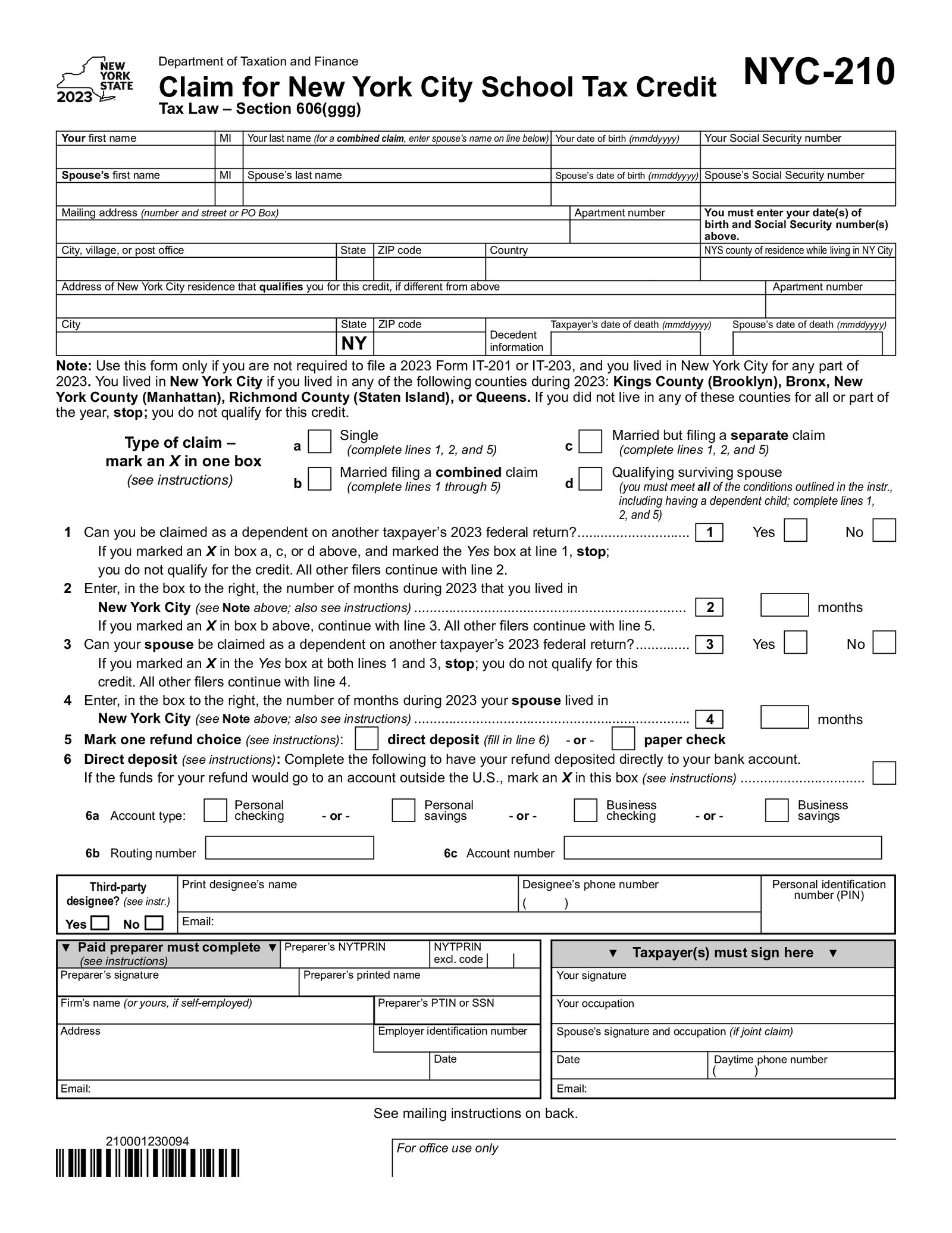 NYC 210 Form (2023) - Thumbnail