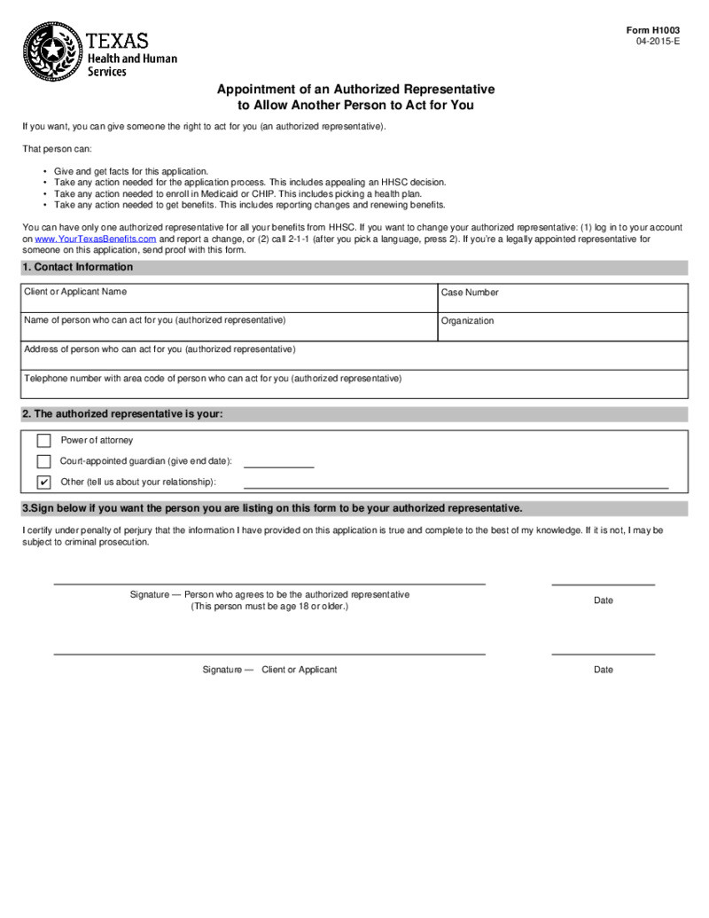 Form H1003, Appointment of an Authorized Representative