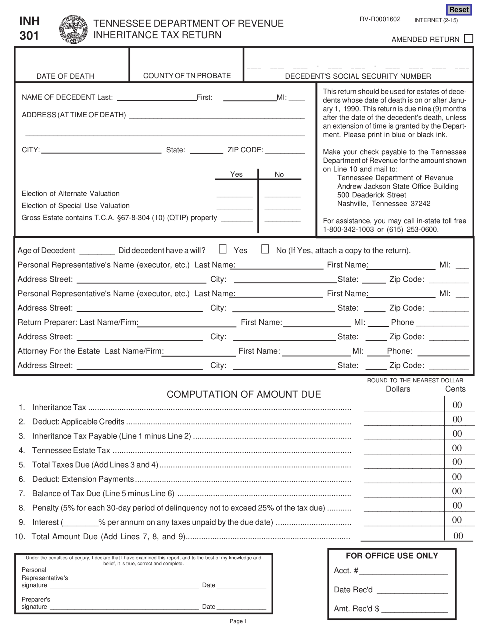 Fillable Tennessee Inheritance Tax Return (Form INH 301) - Thumbnail