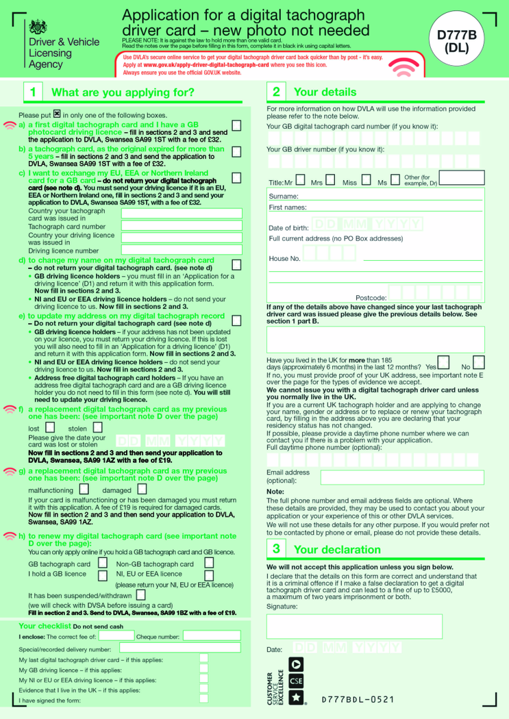 Apply for a digital tachograph driver card (D777B(DL))