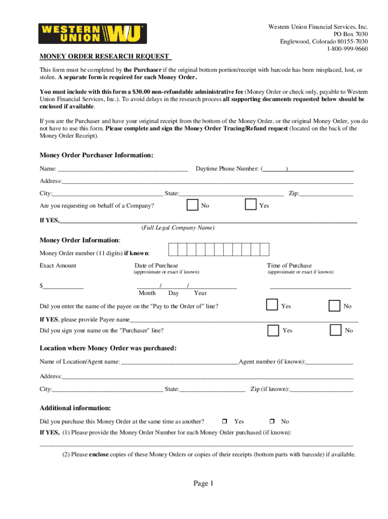 Western Union Lost Money Order