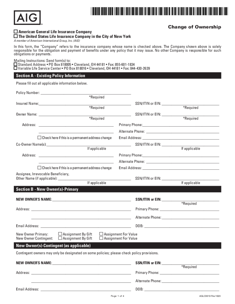 AIG Change of Ownership Form