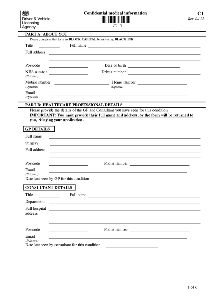 DVLA C1 Form - Confirmation medical information