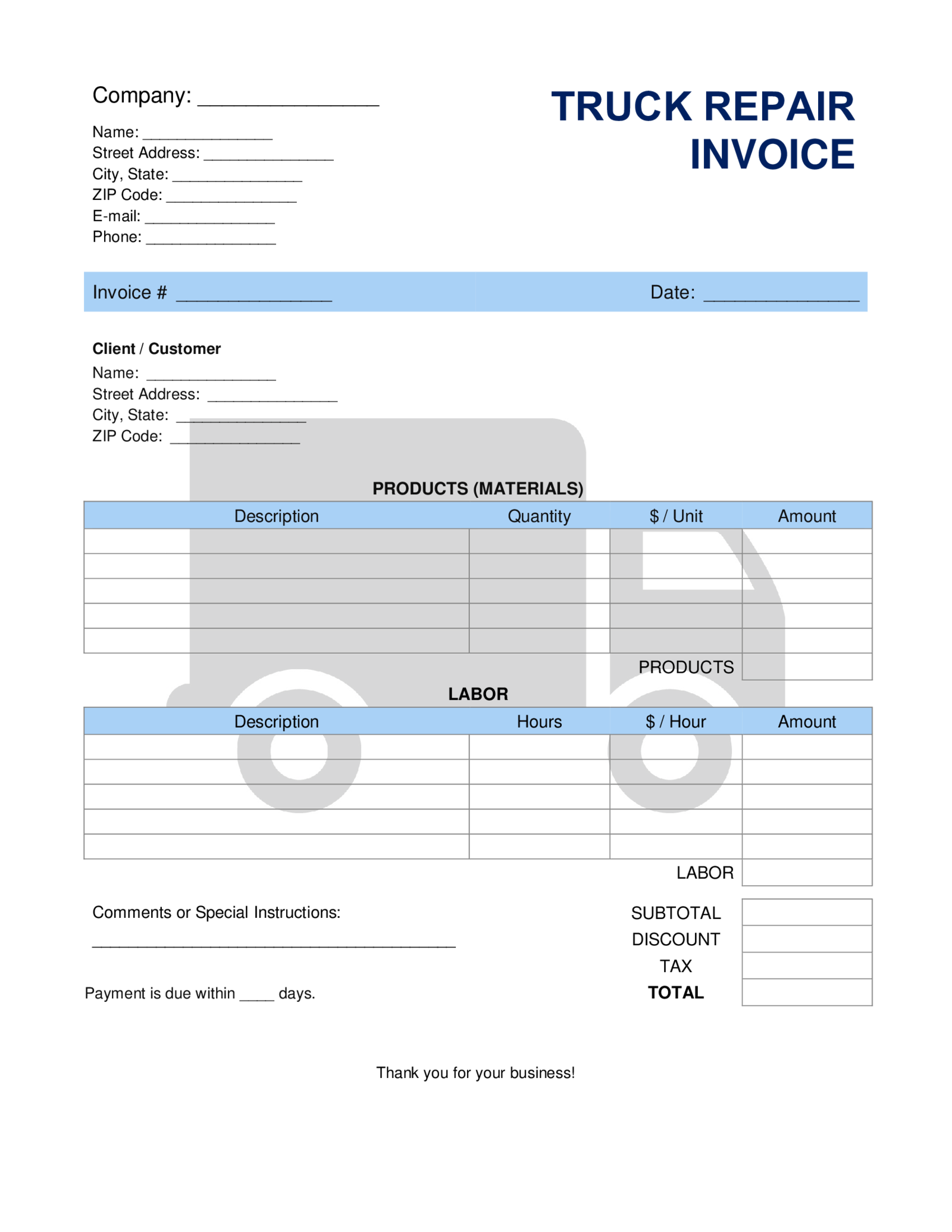  Truck Repair Invoice Template - Thumbnail