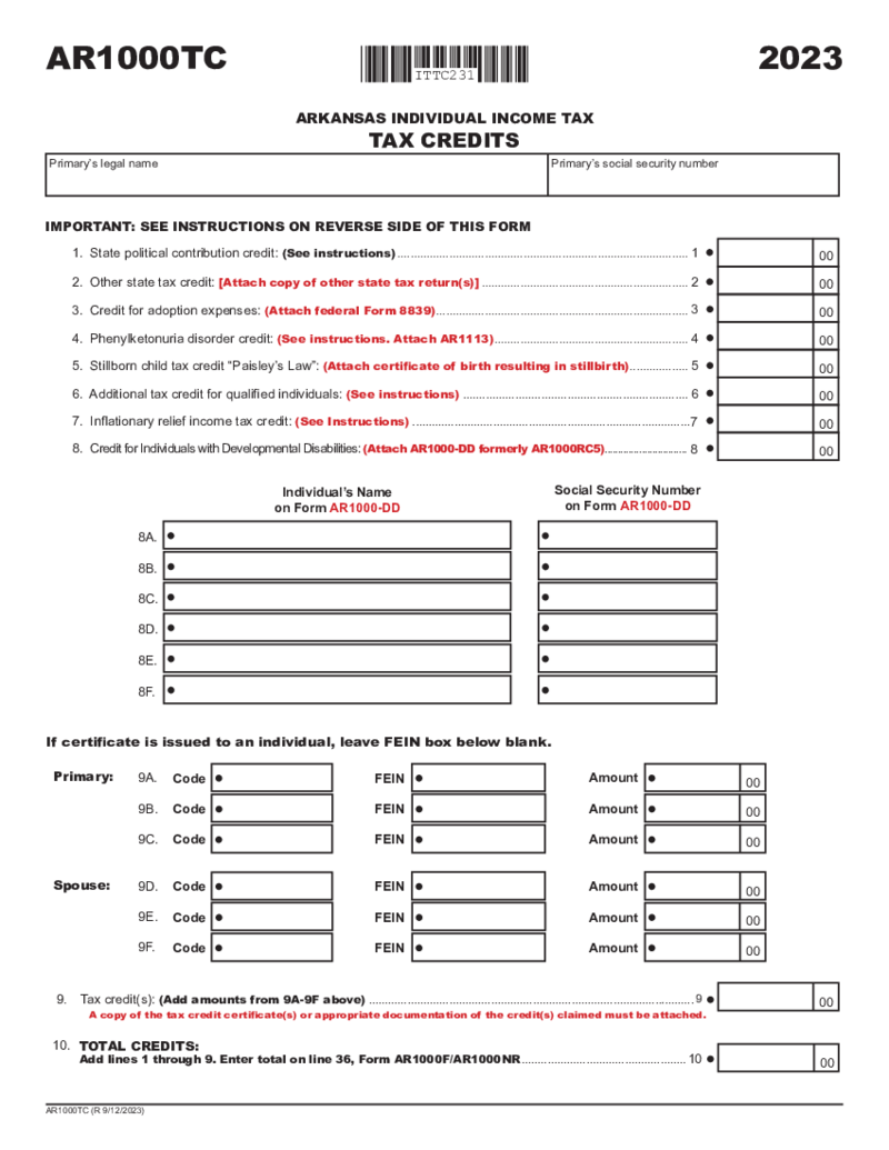 Arkansas Form AR1000TC Schedule of Tax Credits and Business Incentive Credits