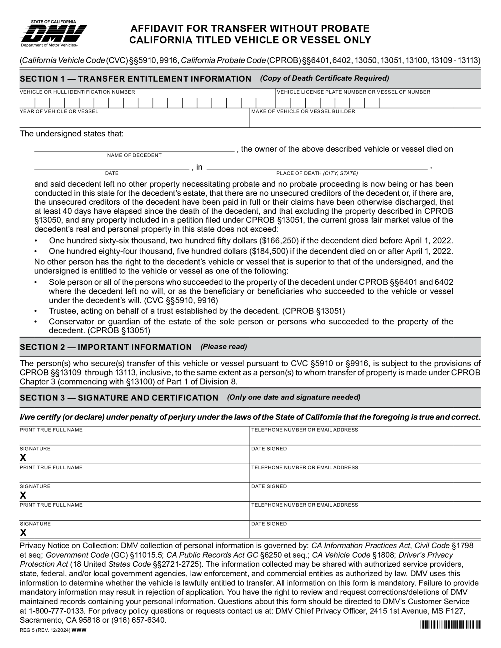 Affidavit for Transfer Without Probate - REG 5 - Thumbnail