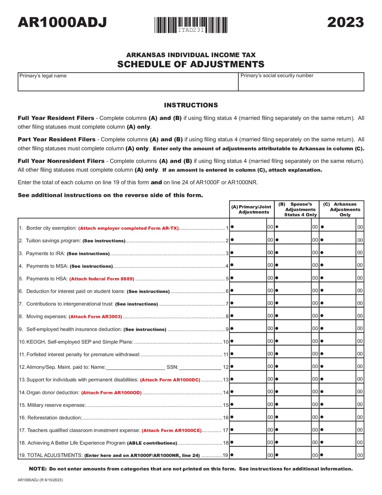 Arkansas Tax Form AR1000ADJ - Thumbnail