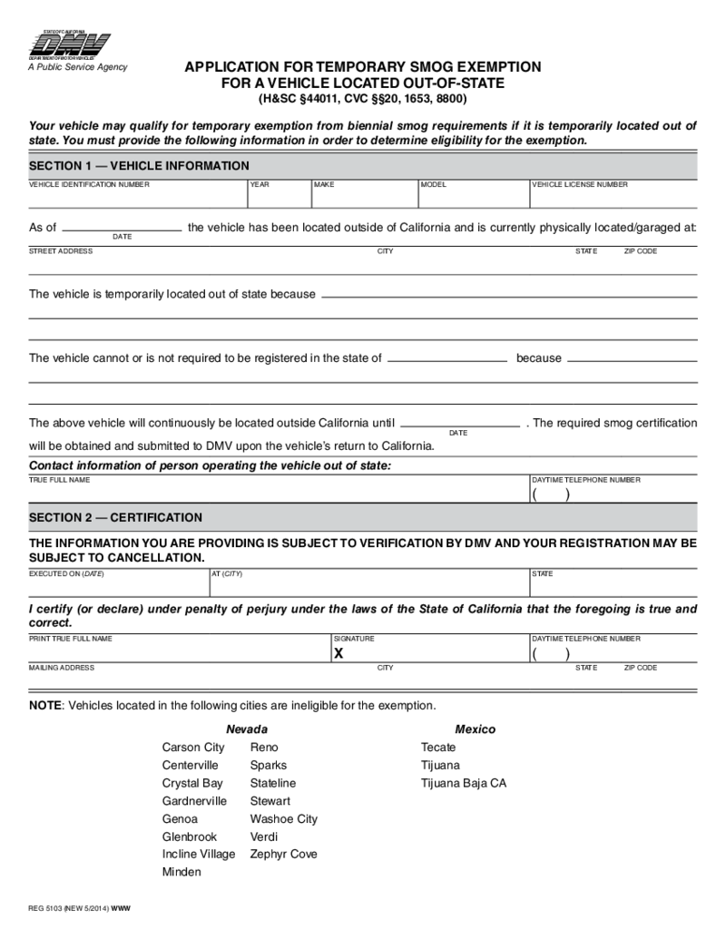 Application for Temporary Smog Exemption (REG 5103)