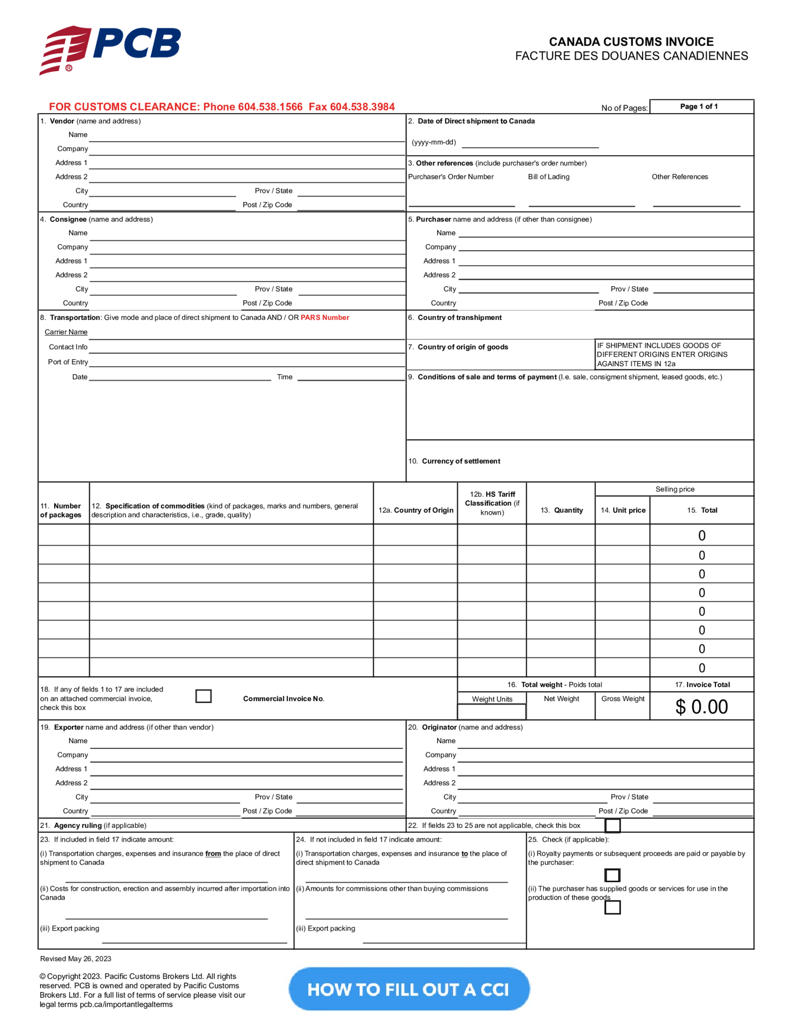 Fillable Canadian Customs Declaration Form - Thumbnail