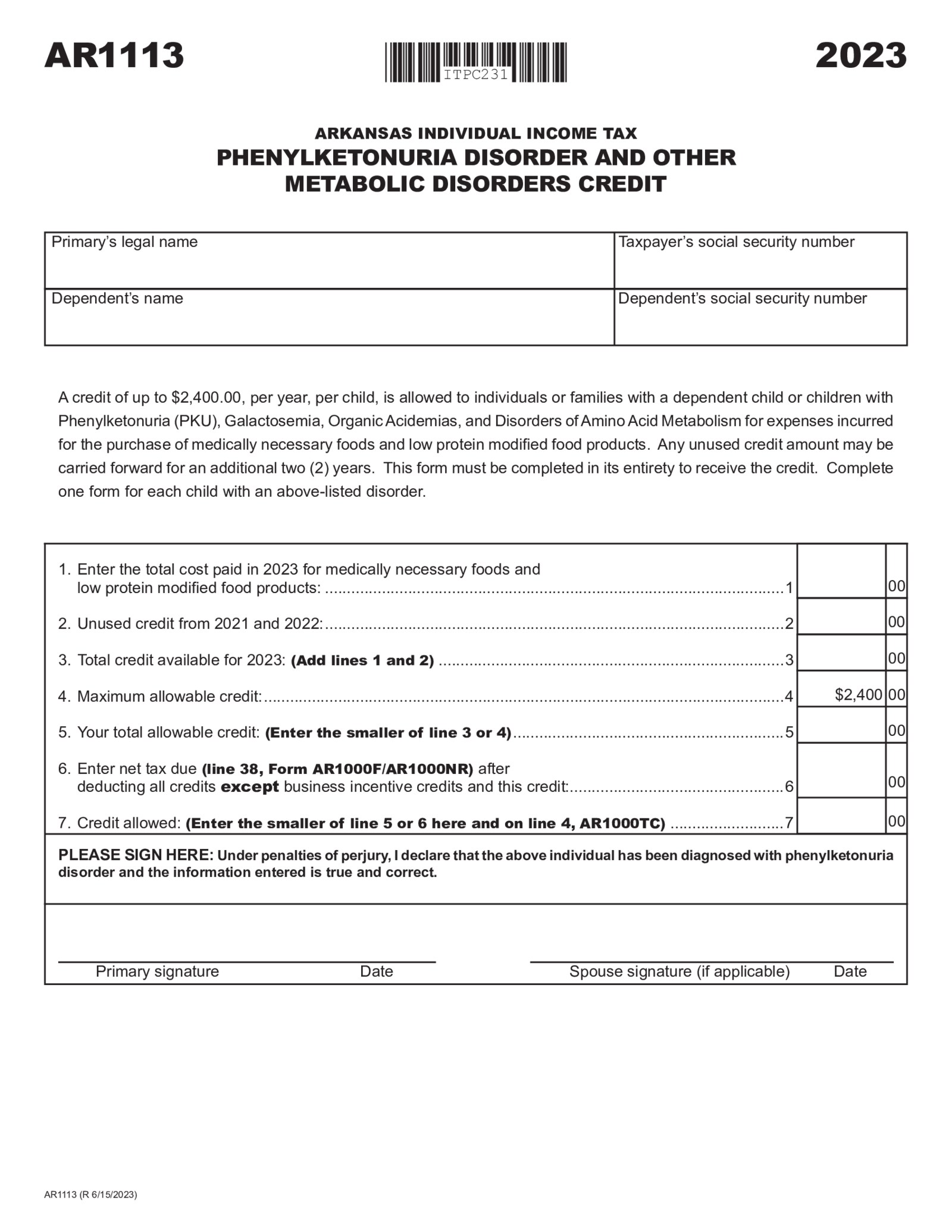 Form AR1113, Phenylketonuria Other Metabolic Disorders Credit - Thumbnail