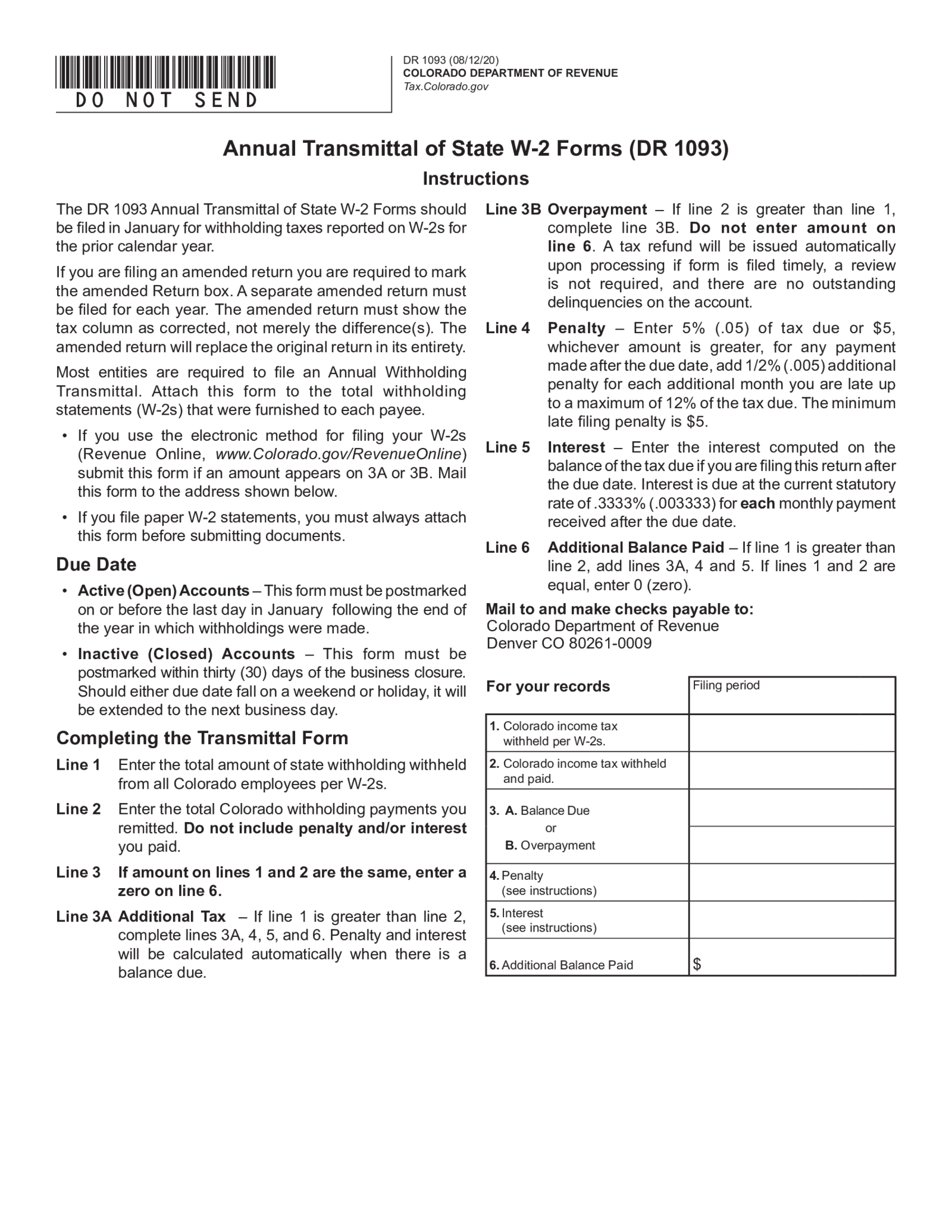 Colorado Annual Transmittal of State W-2 Forms - Thumbnail