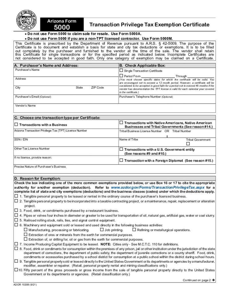 Arizona Tax Form 5000